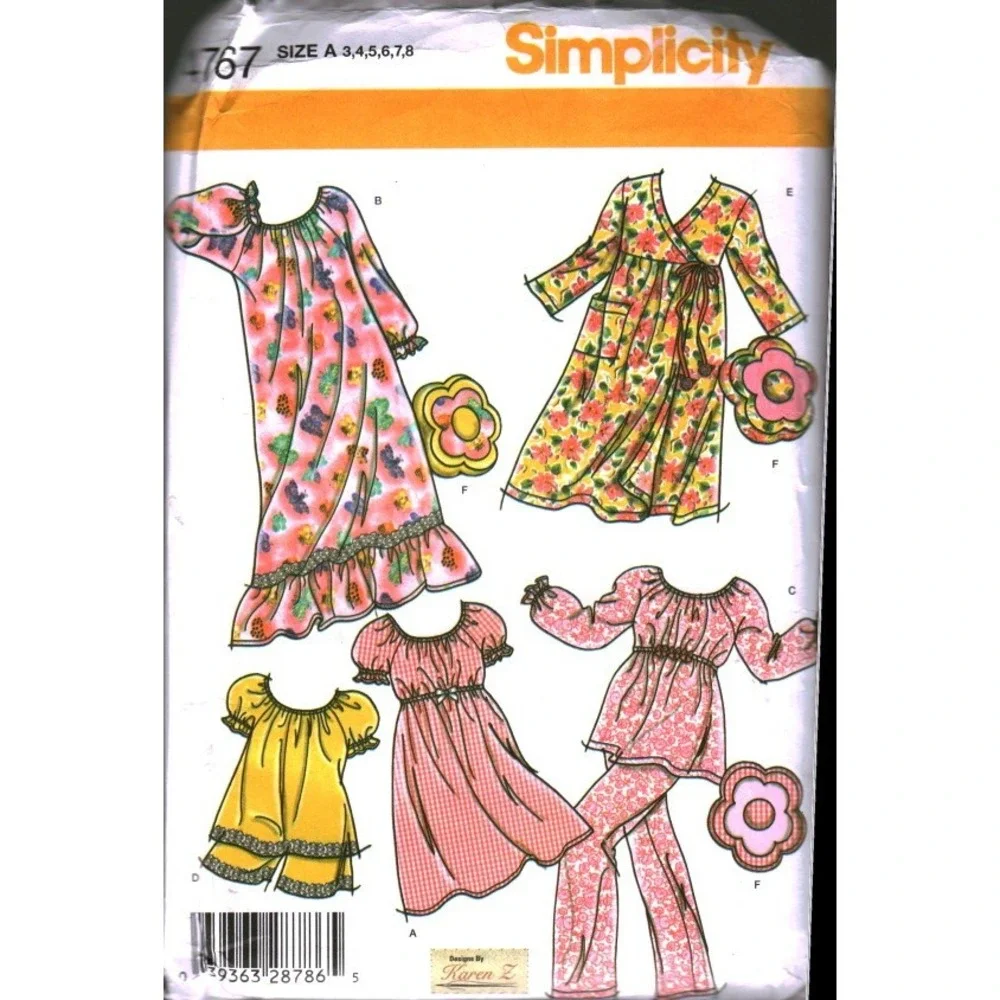 Simplicity 4767 Child Loungewear Robe Pajamas Pillow Sewing Pattern Size 3-7